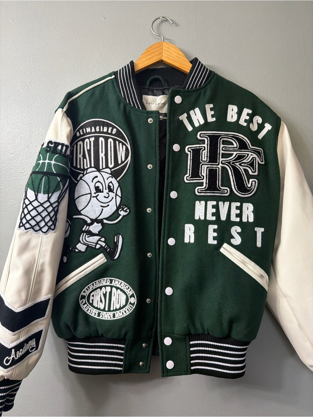 First Row Men's Never Rest Varsity Jacket  Green & White Varsity Jacket small